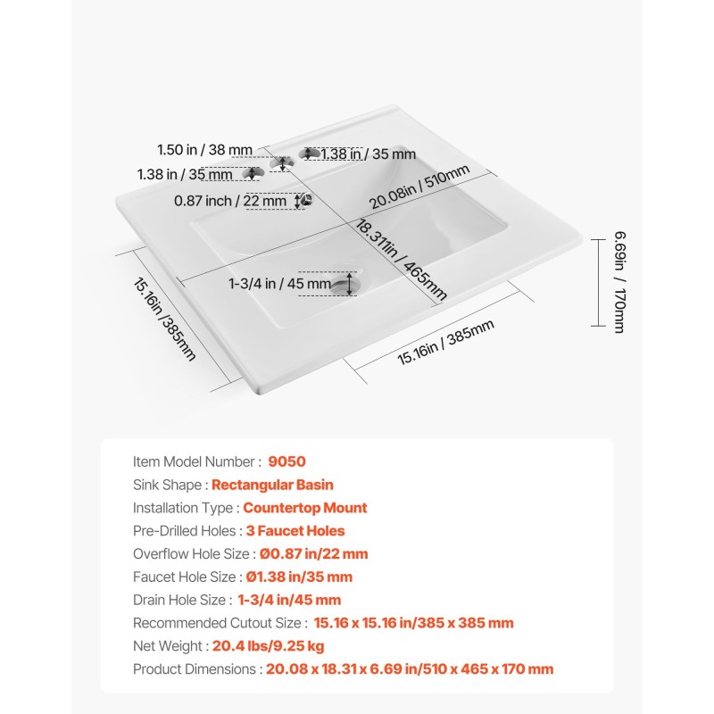 Keraaminen puolitasoon upotettava pesuallas 510 x 465 mm valkoinen kolmella hanareiällä