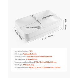 Puoloupotettava keraaminen pesuallas suorakaiteen muotoinen 490x305x120 mm valkoinen