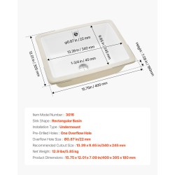 Tason alle asennettava suorakulmainen keraaminen posliiniallas 400 x 305 mm valkoinen