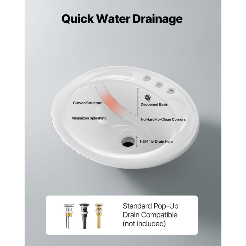 Puoliupotettava keraaminen kylpyhuoneallas ovaali valkoinen nano-lasitteella kolmella hananreiällä