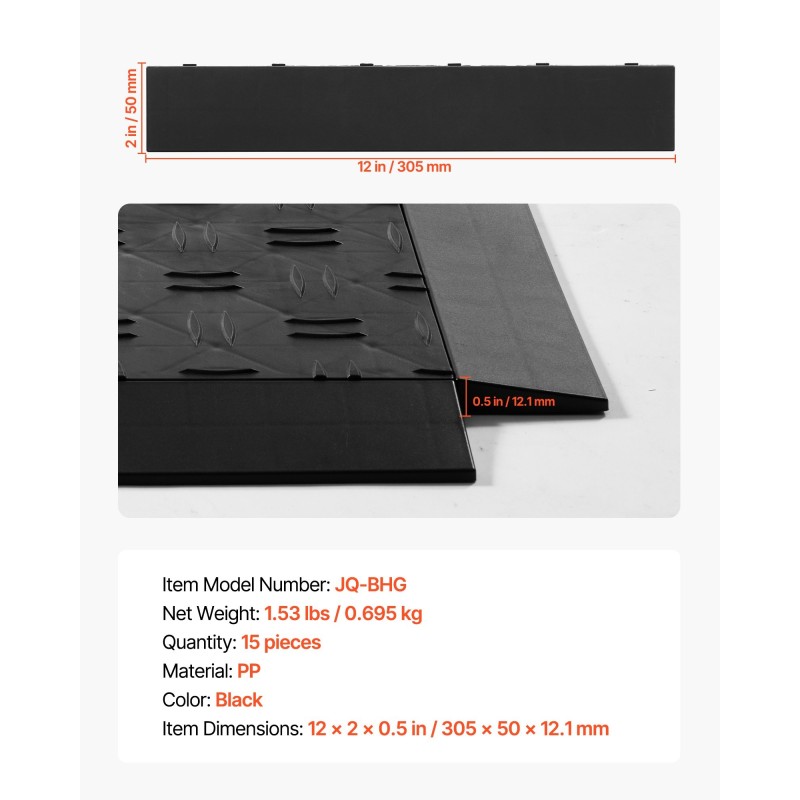 Reunussarja polypropeeni 15 kpl musta autotallin lattiamatoille 305x50x12 mm