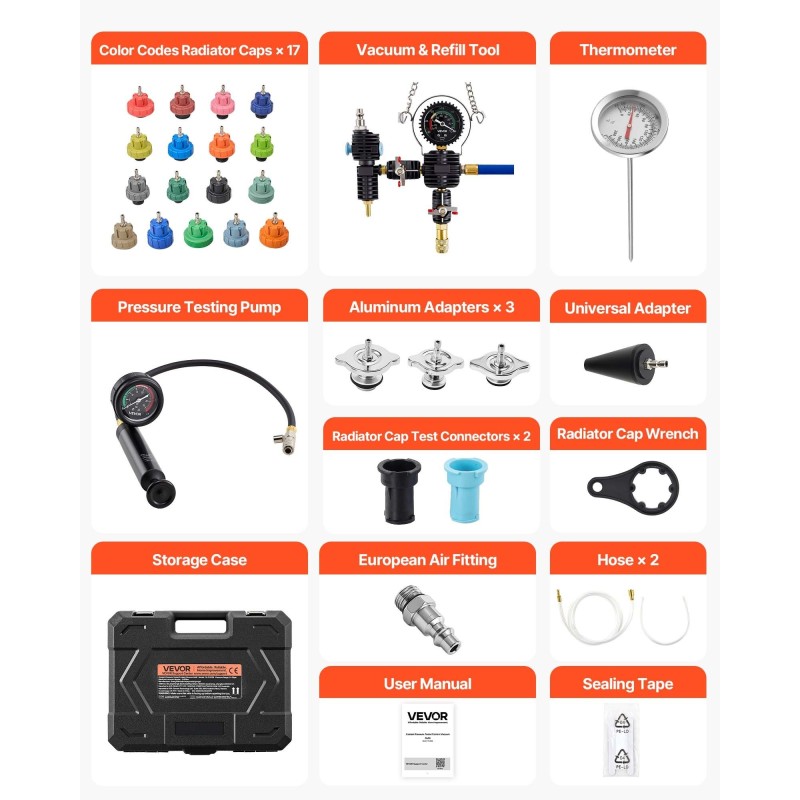 Jäähdytysnesteen paineentestaussarja 47-osainen 6061-T5-alumiinipumpulla autojen paine- ja tyhjiötestaukseen