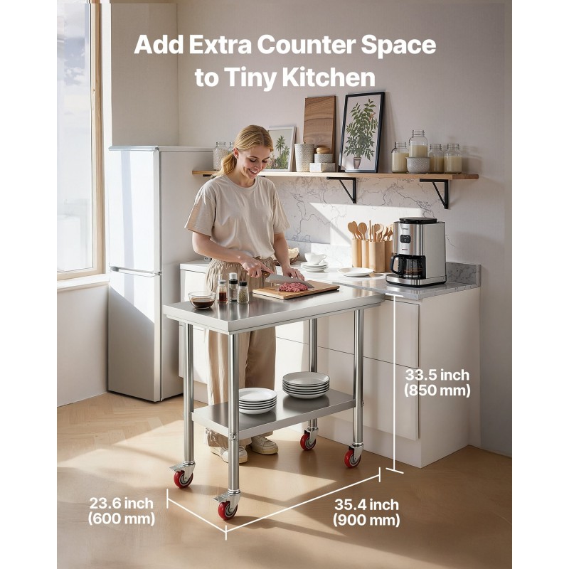 Työpöytä ruostumattomasta teräksestä 900x600x850mm säädettävä alahylly pyörillä