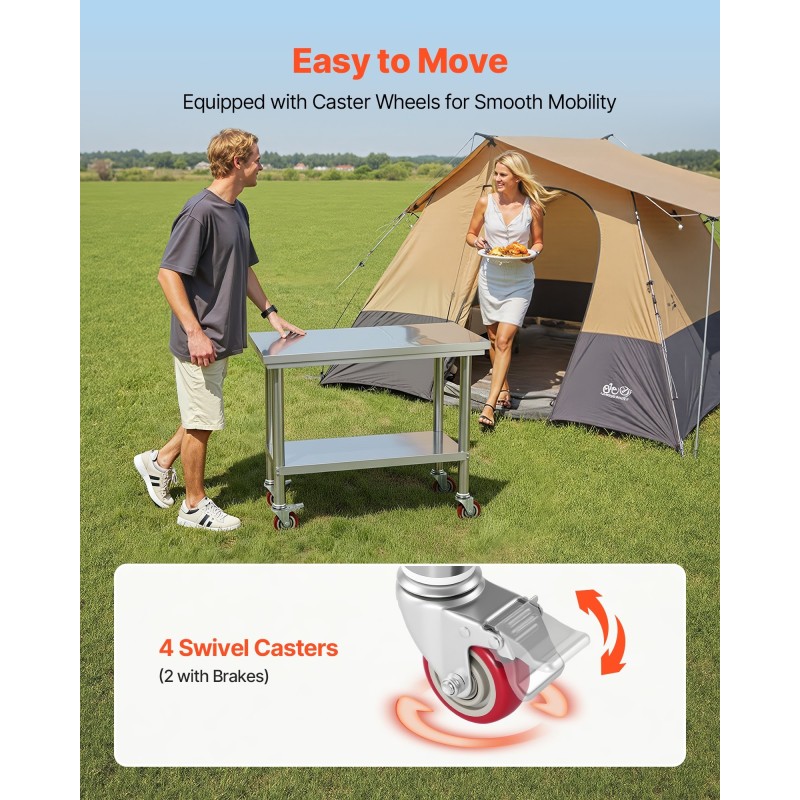 Työpöytä ruostumattomasta teräksestä 900x600x850mm säädettävä alahylly pyörillä