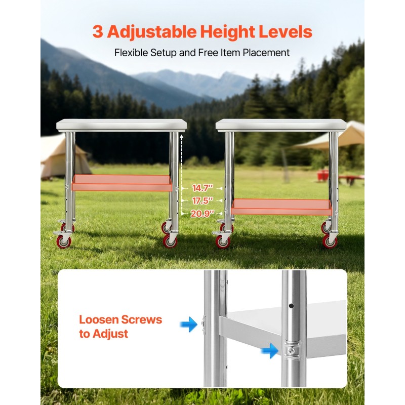Työpöytä ruostumattomasta teräksestä 900x600x850mm säädettävä alahylly pyörillä