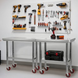 Työpöytä ruostumattomasta teräksestä 900x600x850mm säädettävä alahylly pyörillä