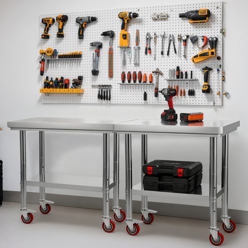 Työpöytä ruostumattomasta teräksestä 900x600x850mm säädettävä alahylly pyörillä