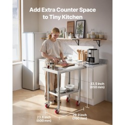 Ruostumaton työpöytä SUS201-teräs 76 x 60 cm pyörillä säädettävällä alahyllyllä