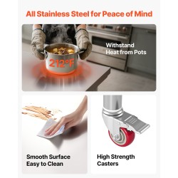 Ruostumaton työpöytä SUS201-teräs 76 x 60 cm pyörillä säädettävällä alahyllyllä