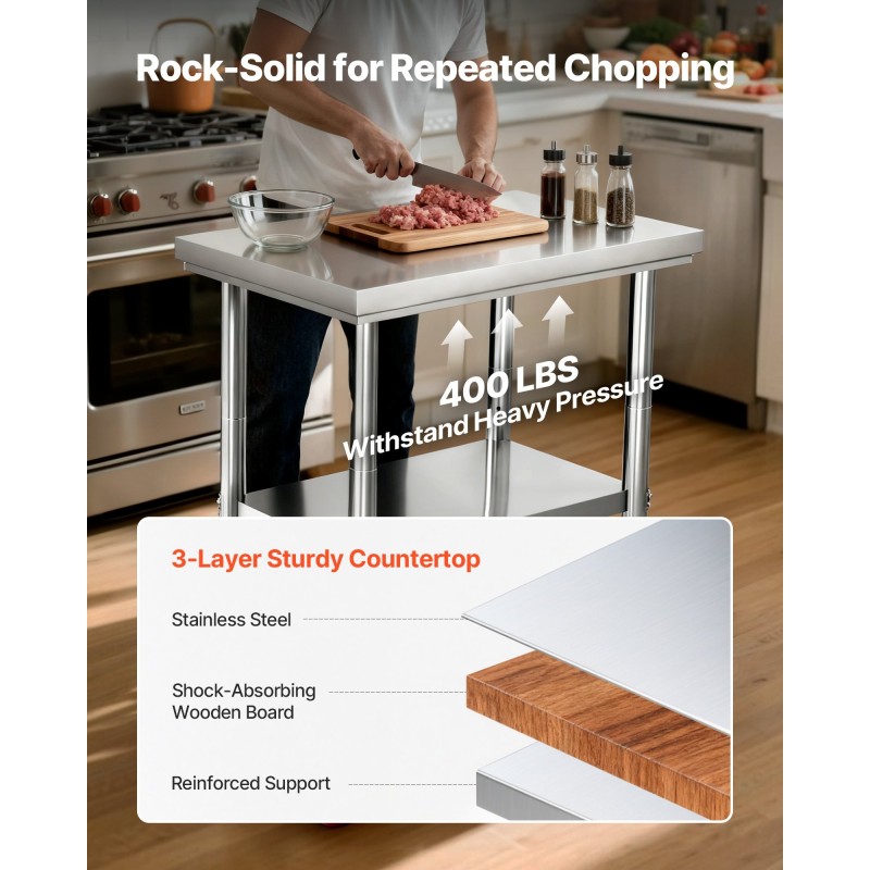 Ruostumaton työpöytä SUS201-teräs 76 x 60 cm pyörillä säädettävällä alahyllyllä