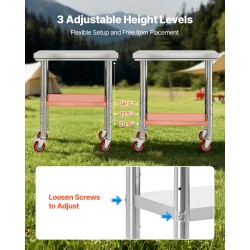 Ruostumaton työpöytä SUS201-teräs 76 x 60 cm pyörillä säädettävällä alahyllyllä