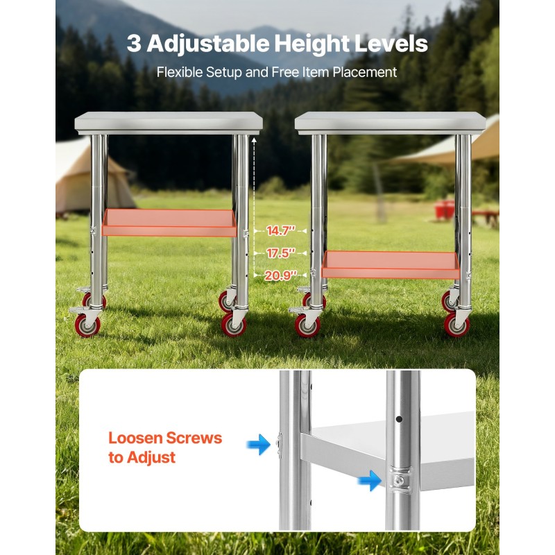 Ruostumaton työpöytä SUS201-teräs 76 x 60 cm pyörillä säädettävällä alahyllyllä