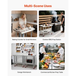 Ruostumaton työpöytä SUS201-teräs 76 x 60 cm pyörillä säädettävällä alahyllyllä