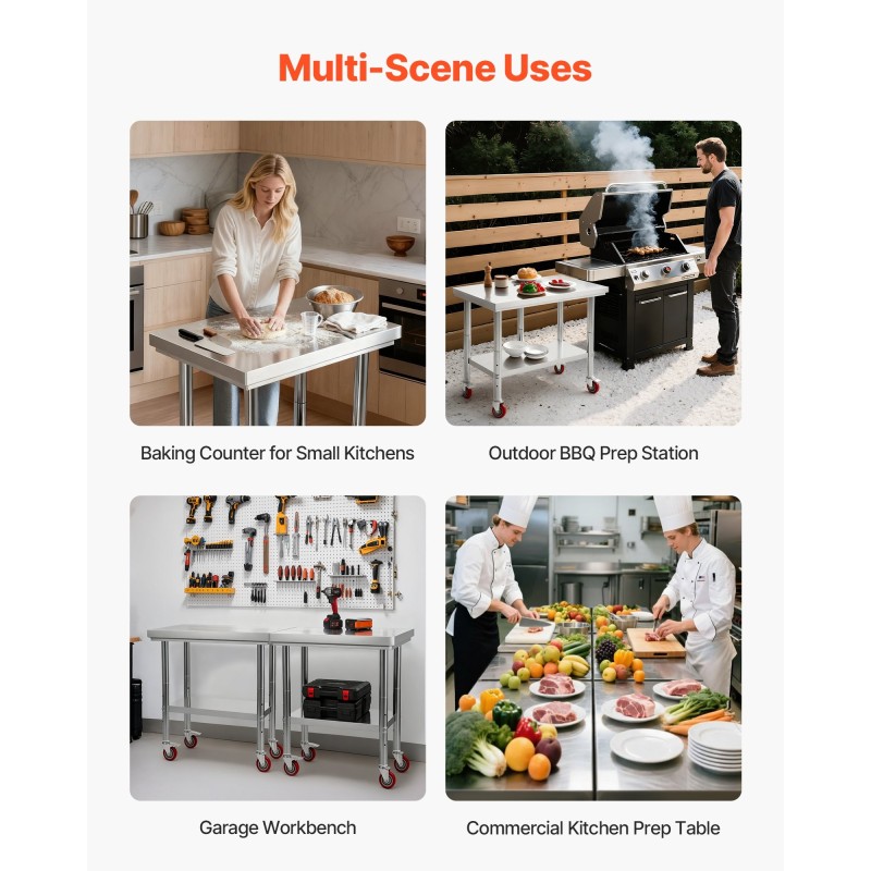 Ruostumaton työpöytä SUS201-teräs 76 x 60 cm pyörillä säädettävällä alahyllyllä