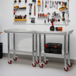 Ruostumaton työpöytä SUS201-teräs 76 x 60 cm pyörillä säädettävällä alahyllyllä