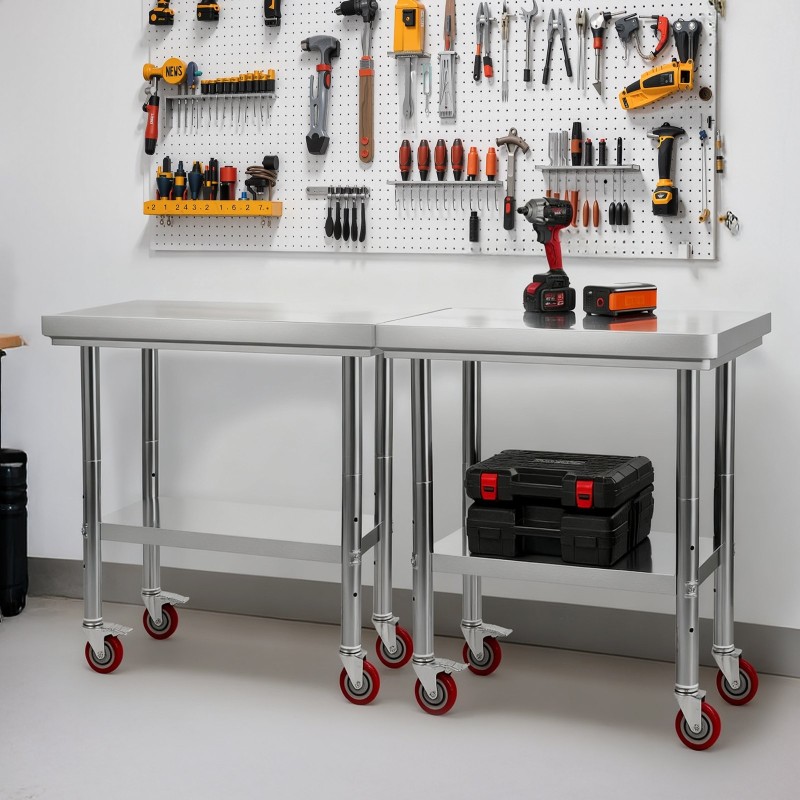 Ruostumaton työpöytä SUS201-teräs 76 x 60 cm pyörillä säädettävällä alahyllyllä