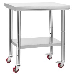 Ruostumaton työpöytä SUS201-teräs 76 x 60 cm pyörillä säädettävällä alahyllyllä