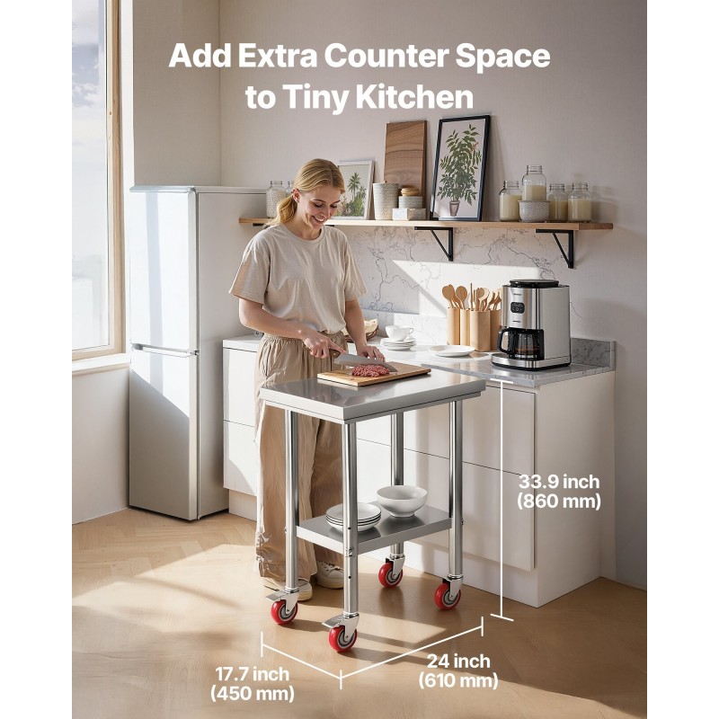 Ruostumaton teräspöytä 610 x 450 x 860 mm säädettävällä alahyllyllä pyörillä