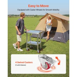 Ruostumaton teräspöytä 610 x 450 x 860 mm säädettävällä alahyllyllä pyörillä