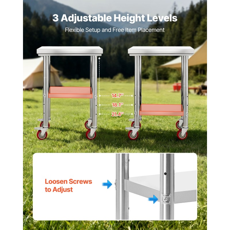 Ruostumaton teräspöytä 610 x 450 x 860 mm säädettävällä alahyllyllä pyörillä