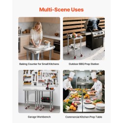 Ruostumaton teräspöytä 610 x 450 x 860 mm säädettävällä alahyllyllä pyörillä