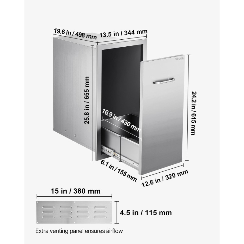 Ruostumattomasta teräksestä valmistettu ulkokeittiön liukuva jäte ja säilytyslaatikko harjatulla pinnalla