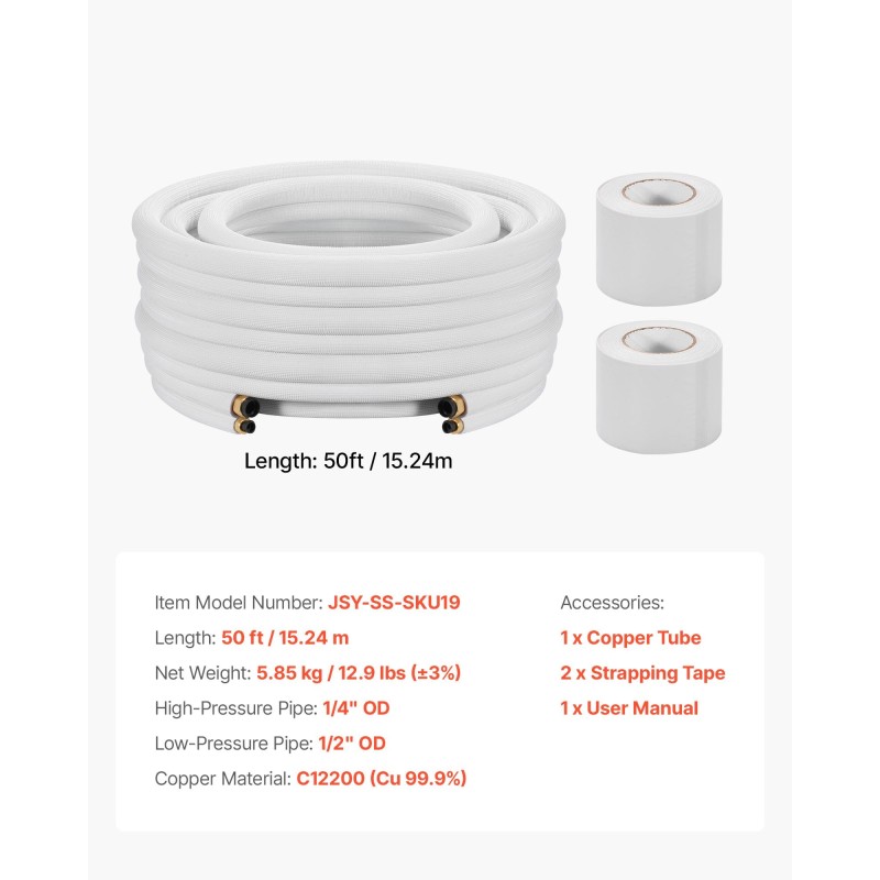 Kupariputkisarja minijakoilmalaitteille ja lämpöpumpuille 15,2 metriä 6,4 ja 12,7 millimetriä