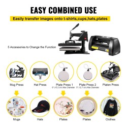 14-tuumainen vinyylileikkuri ja lämpöprässi viidellä toiminnolla tekstiileille ja mukeille