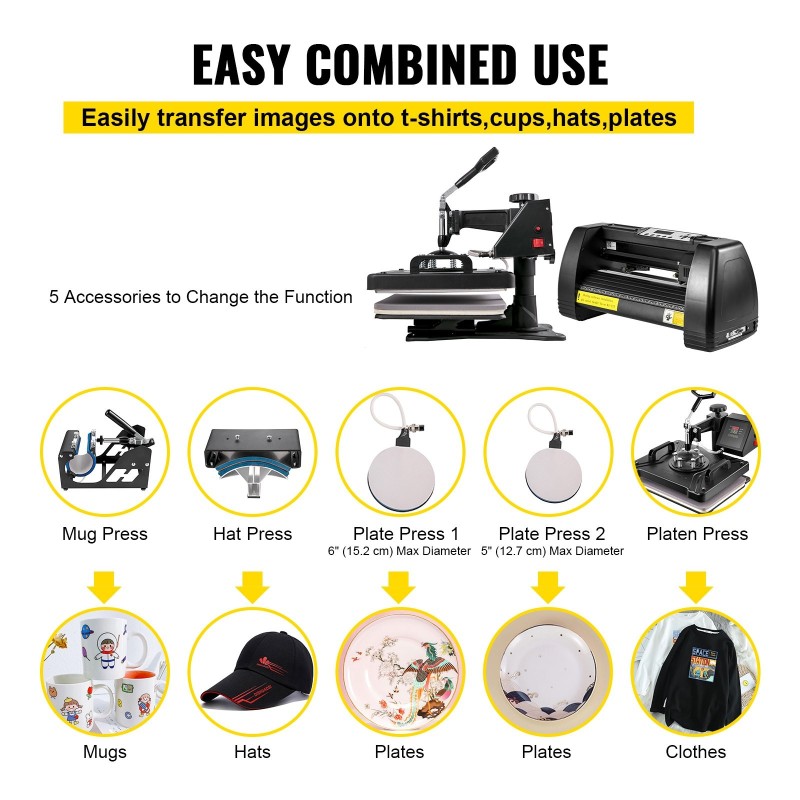 14-tuumainen vinyylileikkuri ja lämpöprässi viidellä toiminnolla tekstiileille ja mukeille