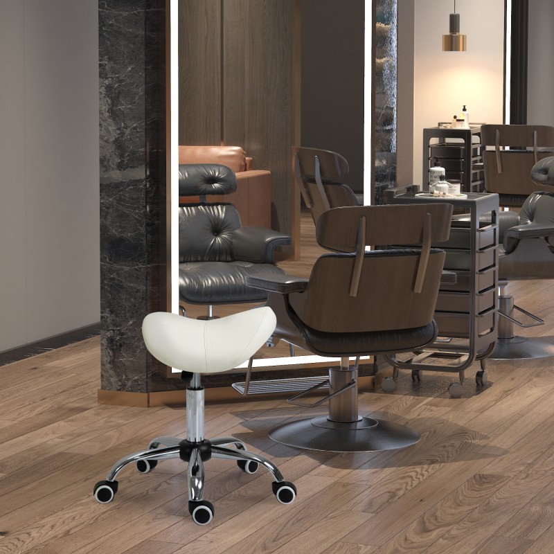 Ergonominen satulatuoli pyörillä, korkeussäädettävä 49–61 cm, valkoinen PU-keinonahka