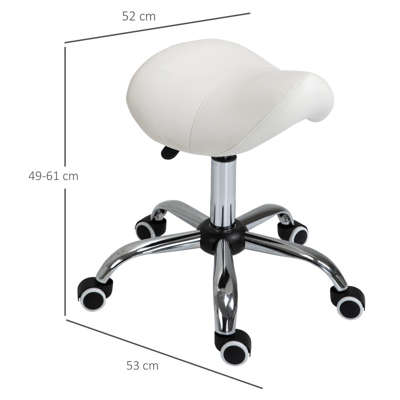 Ergonominen satulatuoli pyörillä, korkeussäädettävä 49–61 cm, valkoinen PU-keinonahka