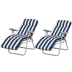 2 x taitettava säädettävä puutarhatuoli käsinojilla sinivalkoinen 5 asentoinen selkänoja 60 x 75 x 102 cm