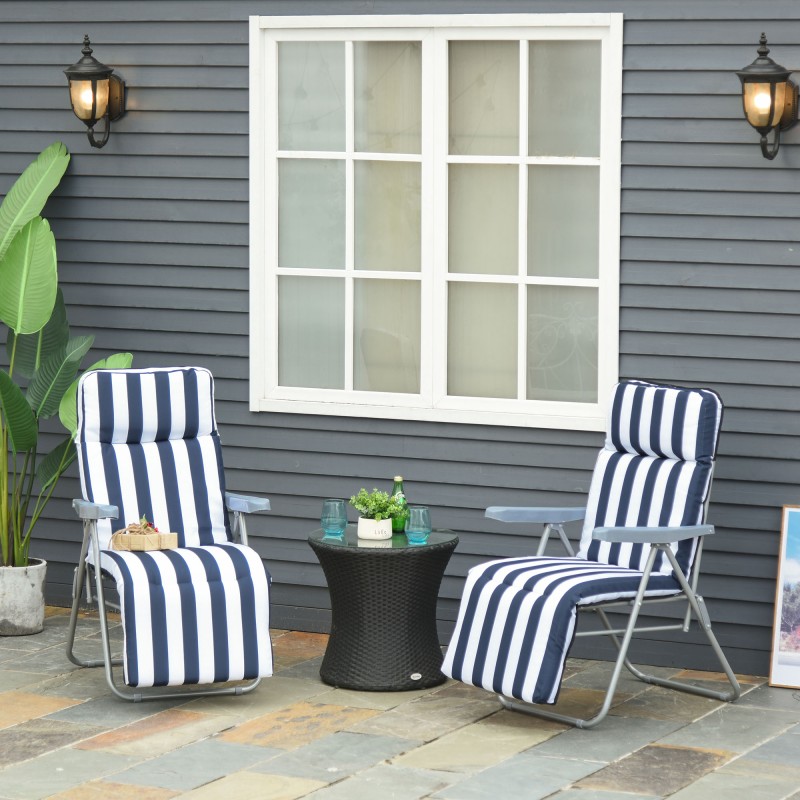 2 x taitettava säädettävä puutarhatuoli käsinojilla sinivalkoinen 5-asentoinen selkänoja 60 x 75 x 102 cm