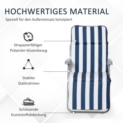 2 x taitettava säädettävä puutarhatuoli käsinojilla sinivalkoinen 5-asentoinen selkänoja 60 x 75 x 102 cm