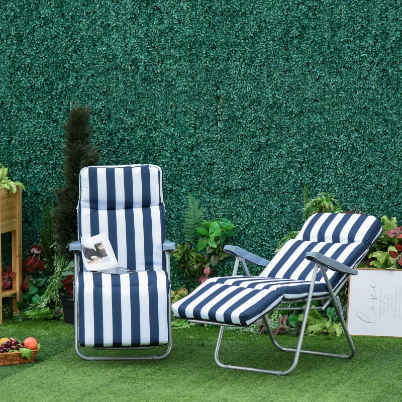 2 x taitettava säädettävä puutarhatuoli käsinojilla sinivalkoinen 5-asentoinen selkänoja 60 x 75 x 102 cm