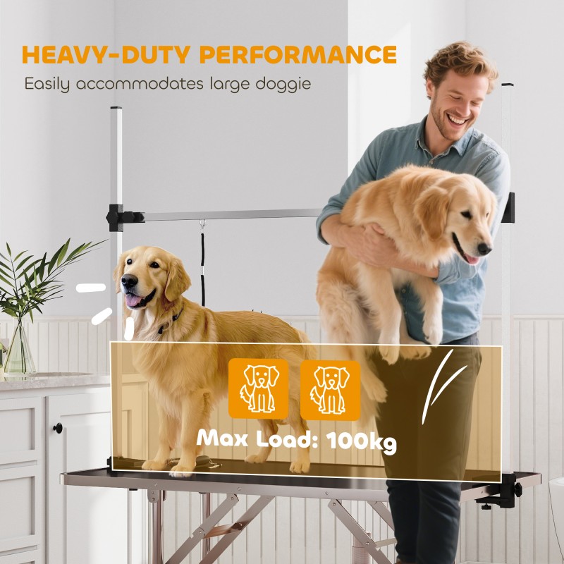 Korkeussäädettävä trimmauspöytä koirille ja kissoille, taittuvat jalat, alakori, liukumaton musta taso, enimmäiskuormitus 100 kg