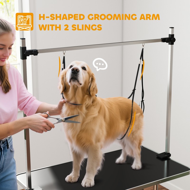 Korkeussäädettävä trimmauspöytä koirille ja kissoille, taittuvat jalat, alakori, liukumaton musta taso, enimmäiskuormitus 100 kg