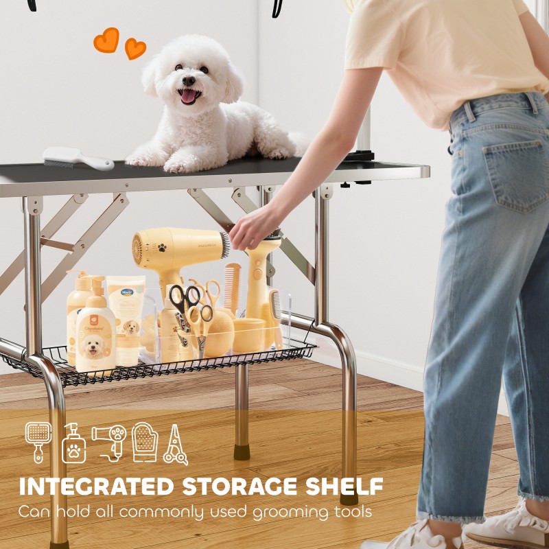 Korkeussäädettävä trimmauspöytä koirille ja kissoille, taittuvat jalat, alakori, liukumaton musta taso, enimmäiskuormitus 100 kg