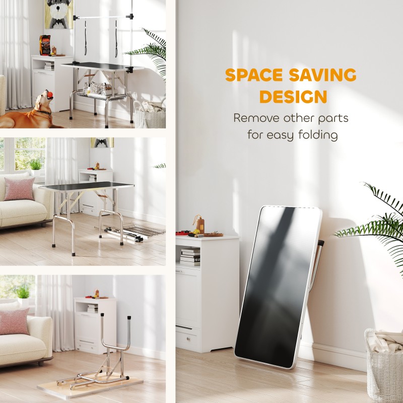 Korkeussäädettävä trimmauspöytä koirille ja kissoille, taittuvat jalat, alakori, liukumaton musta taso, enimmäiskuormitus 100 kg