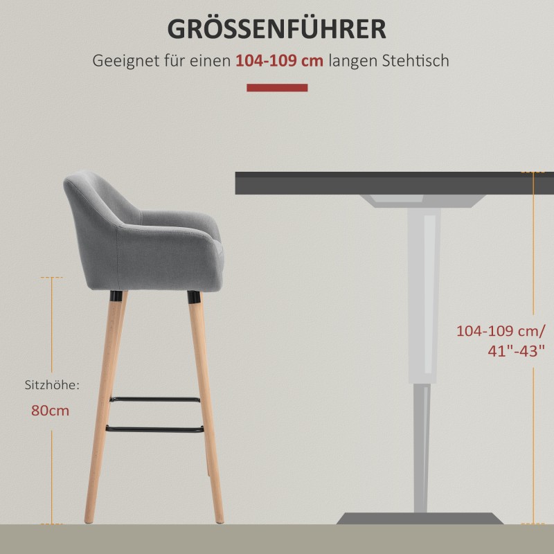 2 kpl harmaita baarituoleja, massiivipuiset jalat, pehmustettu verhoilu, selkänoja ja käsinojat, korkeus 100 cm