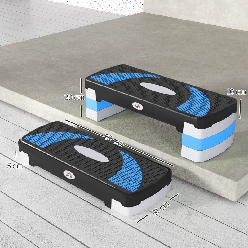 Aerobic-askelalusta, 3-portainen korkeussäätö 10–20 cm, 80 x 31 cm, muovi, musta/vaaleansininen/harmaa