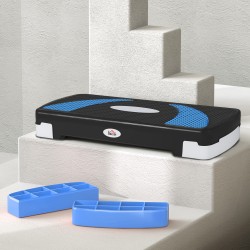 Aerobic-askelalusta, 3-portainen korkeussäätö 10–20 cm, 80 x 31 cm, muovi, musta/vaaleansininen/harmaa