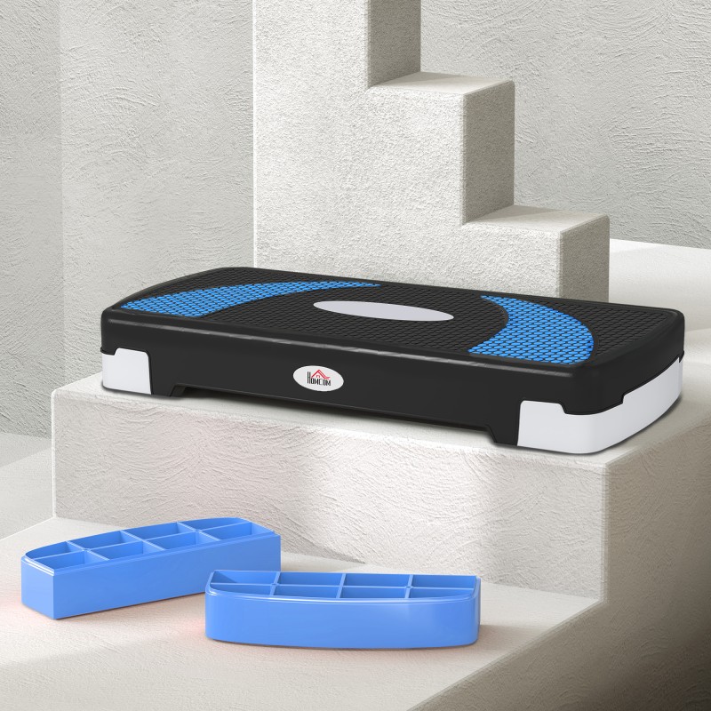 Aerobic-askelalusta, 3-portainen korkeussäätö 10–20 cm, 80 x 31 cm, muovi, musta/vaaleansininen/harmaa