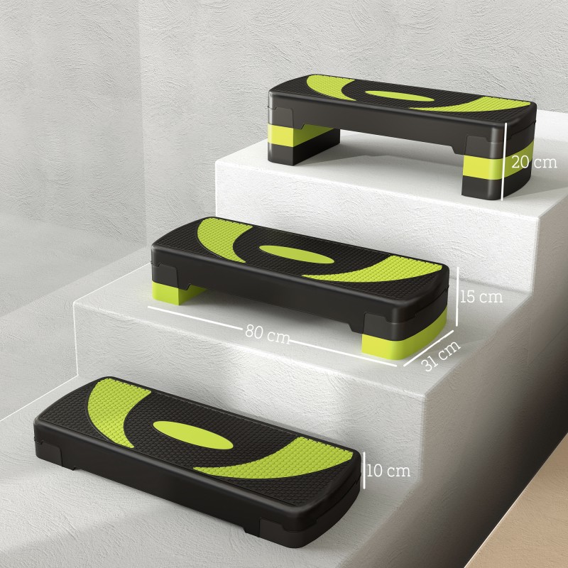 Korkeussäädettävä aerobic-askelalusta 80 x 31 cm, 10–20 cm, musta-vihreä, max 150 kg