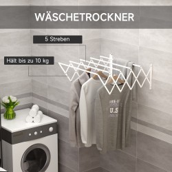 Seinään asennettava taittuva ja vedettävä pyykinkuivausteline, valkoinen, 63,5 x 60 x 20 cm, rautaa