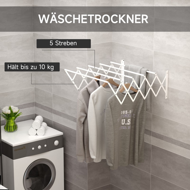 Seinään asennettava taittuva ja vedettävä pyykinkuivausteline, valkoinen, 63,5 x 60 x 20 cm, rautaa