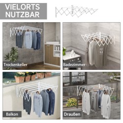 Seinään asennettava taittuva ja vedettävä pyykinkuivausteline, valkoinen, 63,5 x 60 x 20 cm, rautaa