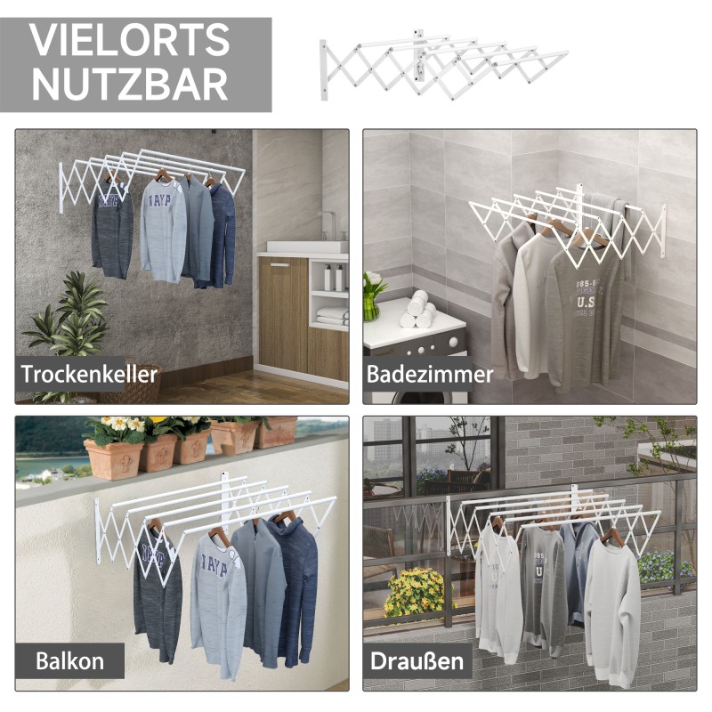 Seinään asennettava taittuva ja vedettävä pyykinkuivausteline, valkoinen, 63,5 x 60 x 20 cm, rautaa