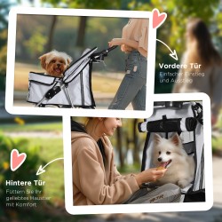 Koiravaunu / hundewagen pienille koirille, enintään 10 kg, taittuva, säädettävä aurinkosuoja, 2 mukinpidikettä, väri silver