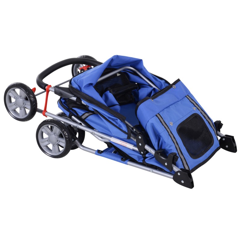 Taittuva koirankärry / lemmikkivaunu pienille koirille max 10 kg, säädettävä kuomu, 2 mukitelinettä, tavarakori, sininen